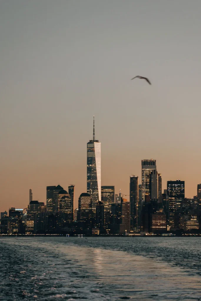 Ein Blick auf die Skyline von New York City bei Sonnenuntergang, mit dem beleuchteten One World Trade Center und funkelnden Lichtern, bildet die perfekte Kulisse für ein Fotoshooting von Nadja Morales; im Vordergrund gleitet ein Vogel über das Wasser.